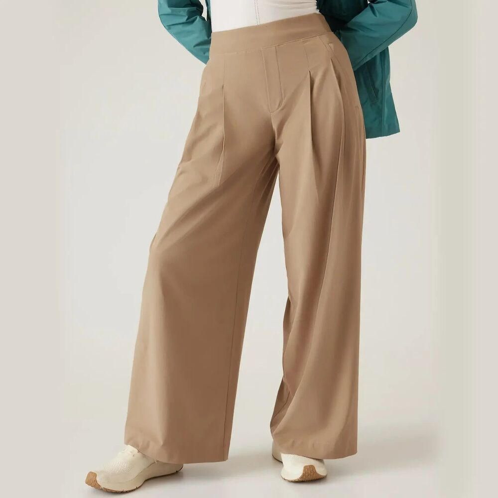 Athleta 8 Tall Brooklyn Heights Wide Leg Pleated Pants Tan High Rise Trousers